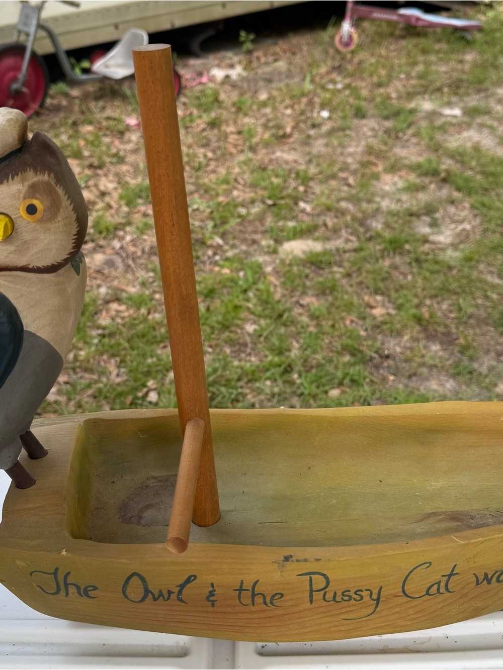 Wooden Owl & Cat Decorative Boat - Yellow Green